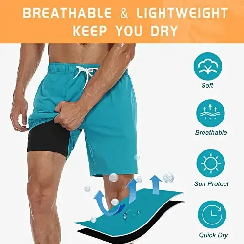 Nonwe erkaklar uchun suzish shortilari Kompressiyali astarli tez quriydigan Gavayi cho‘milish kostyumlari 2 si 1 da cho‘ntakli taxta shortilar - 6