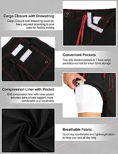 Nonwe erkaklar uchun suzish shortilari, kompressli astarli 2si 1da tez quriydigan cho'milish kostyumlari, cho'ntakli yuk surf taxtasi shortilari - 6