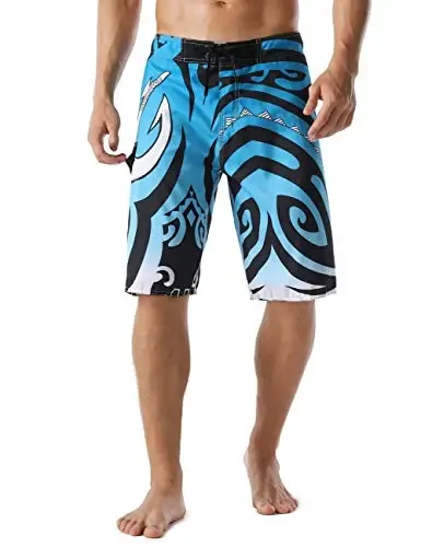 Nonwe Men's Swim Trunks Quick Dry Wave Pattern with Mesh Lining Board Shorts 