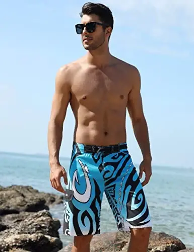 Nonwe Men's Swim Trunks Quick Dry Wave Pattern with Mesh Lining Board Shorts - 6