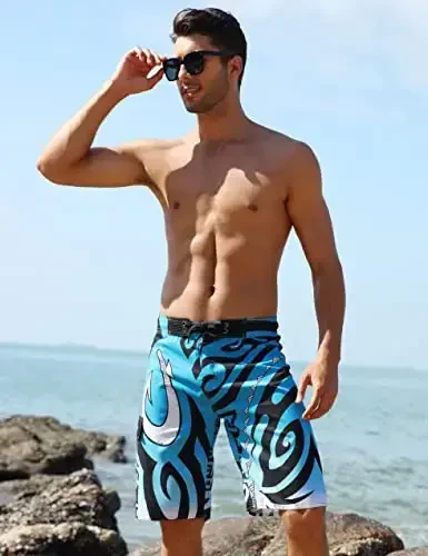 Nonwe Men's Swim Trunks Quick Dry Wave Pattern with Mesh Lining Board Shorts - 4
