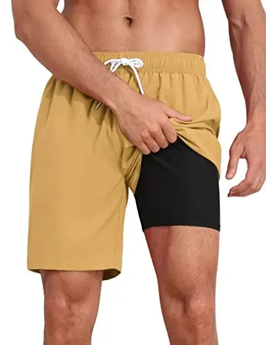 Nonwe Mens Swim Trunks with Compression Liner Quick Dry Hawaiian Bathing Suits 2 in 1 Board Shorts with Pockets 