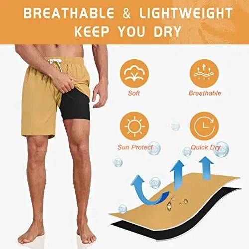 Nonwe Mens Swim Trunks with Compression Liner Quick Dry Hawaiian Bathing Suits 2 in 1 Board Shorts with Pockets - 6