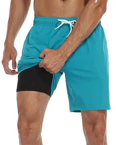 Nonwe Mens Swim Trunks with Compression Liner Quick Dry Hawaiian Bathing Suits 2 in 1 Board Shorts with Pockets - 1