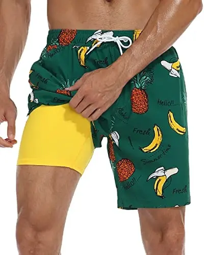 Nonwe Mens Swim Trunks with Compression Liner Quick Dry Hawaiian Bathing Suits 2 in 1 Board Shorts with Pockets - NONWE