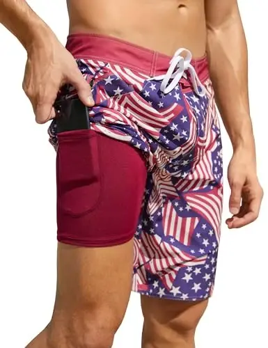 Nonwe Men's Swim Trunks with Compression Liner 2 in 1 Fast Dry Bathing Suits Cargo Surf Board Shorts with Pockets 