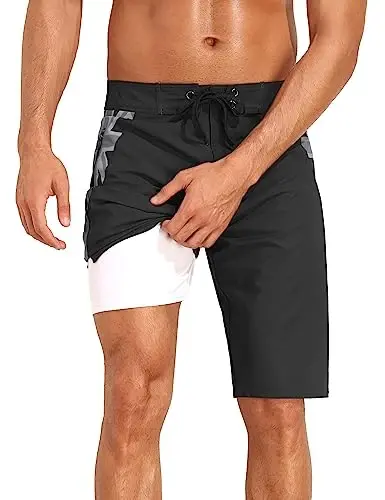 Nonwe Men's Swim Trunks with Compression Liner 2 in 1 Fast Dry Bathing Suits Cargo Surf Board Shorts with Pockets - 2