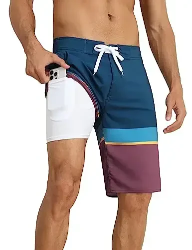 Nonwe Men's Swim Trunks with Compression Liner 2 in 1 Fast Dry Bathing Suits Cargo Surf Board Shorts with Pockets - 1