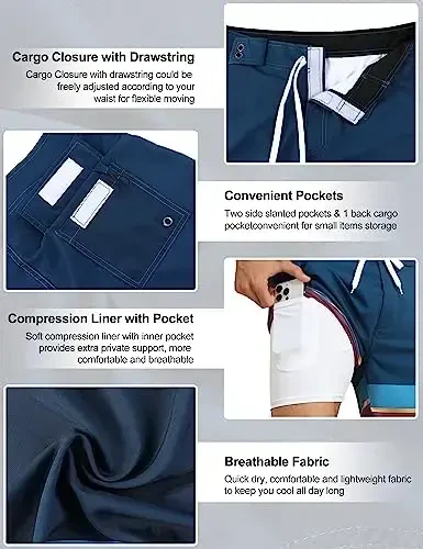 Nonwe Men's Swim Trunks with Compression Liner 2 in 1 Fast Dry Bathing Suits Cargo Surf Board Shorts with Pockets - 6