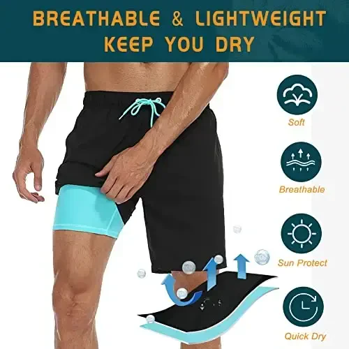 Nonwe Mens Swim Trunks with Compression Liner Quick Dry Hawaiian Bathing Suits 2 in 1 Board Shorts with Pockets - 6