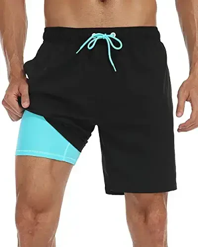 Nonwe Mens Swim Trunks with Compression Liner Quick Dry Hawaiian Bathing Suits 2 in 1 Board Shorts with Pockets 