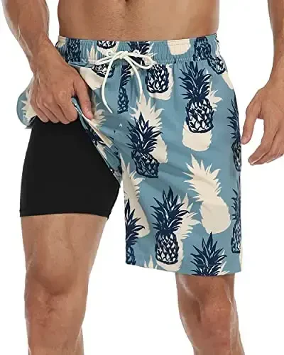 Nonwe Mens Swim Trunks with Compression Liner Quick Dry Hawaiian Bathing Suits 2 in 1 Board Shorts with Pockets - 1