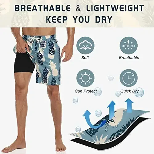 Nonwe Mens Swim Trunks with Compression Liner Quick Dry Hawaiian Bathing Suits 2 in 1 Board Shorts with Pockets - 6