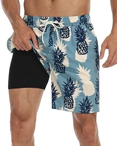 Nonwe Mens Swim Trunks with Compression Liner Quick Dry Hawaiian Bathing Suits 2 in 1 Board Shorts with Pockets - NONWE