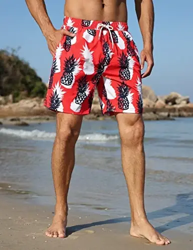 Nonwe Mens Swim Trunks with Compression Liner Quick Dry Hawaiian Bathing Suits 2 in 1 Board Shorts with Pockets - 4