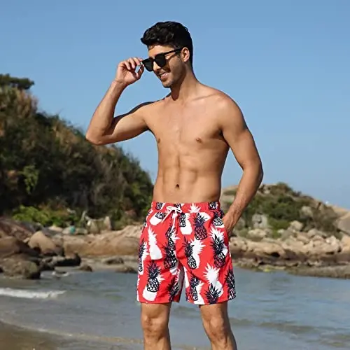 Nonwe Mens Swim Trunks with Compression Liner Quick Dry Hawaiian Bathing Suits 2 in 1 Board Shorts with Pockets - 5