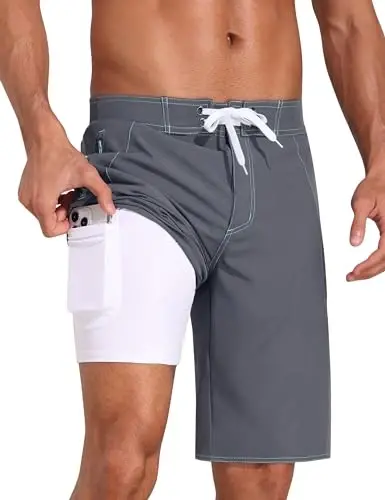 Nonwe Men's Swim Trunks with Compression Liner 2 in 1 Fast Dry Bathing Suits Cargo Surf Board Shorts with Pockets - 1