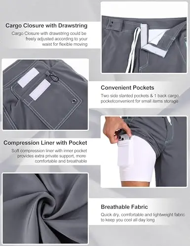 Nonwe Men's Swim Trunks with Compression Liner 2 in 1 Fast Dry Bathing Suits Cargo Surf Board Shorts with Pockets - 6