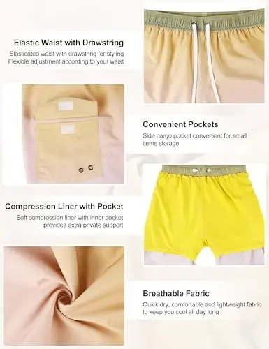 Nonwe Men's Swim Trunks with Compression Liner Quick Dry Water Sport Surf Beach Shorts with Pocket - 6