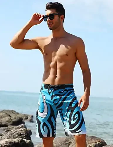 Nonwe Men's Swim Trunks Quick Dry Wave Pattern with Mesh Lining Board Shorts - 5
