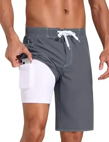 Nonwe Men's Swim Trunks with Compression Liner 2 in 1 Fast Dry Bathing Suits Cargo Surf Board Shorts with Pockets 