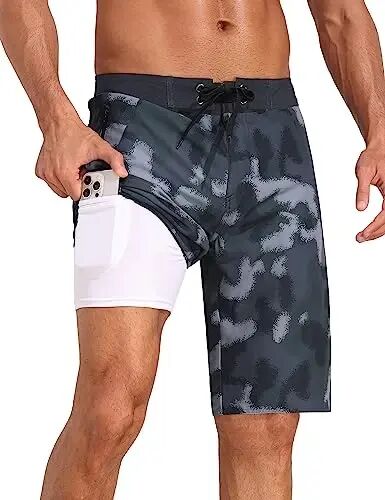 Nonwe Men's Swim Trunks with Compression Liner 2 in 1 Fast Dry Bathing Suits Cargo Surf Board Shorts with Pockets - Nonwe
