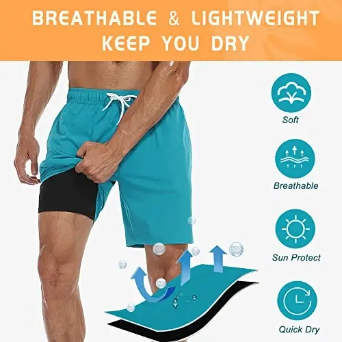 Nonwe Mens Swim Trunks with Compression Liner Quick Dry Hawaiian Bathing Suits 2 in 1 Board Shorts with Pockets - 6