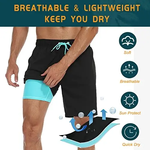 Nonwe Mens Swim Trunks with Compression Liner Quick Dry Hawaiian Bathing Suits 2 in 1 Board Shorts with Pockets - 6