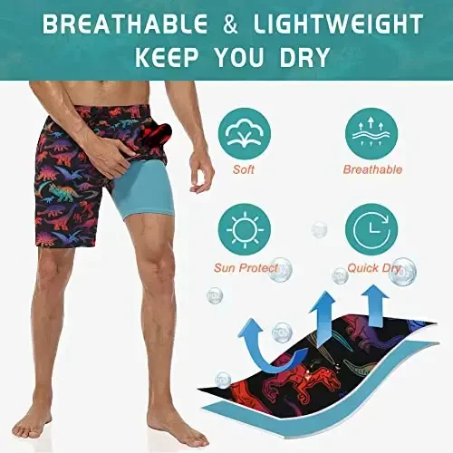 Nonwe Mens Swim Trunks with Compression Liner Quick Dry Hawaiian Bathing Suits 2 in 1 Board Shorts with Pockets - 6