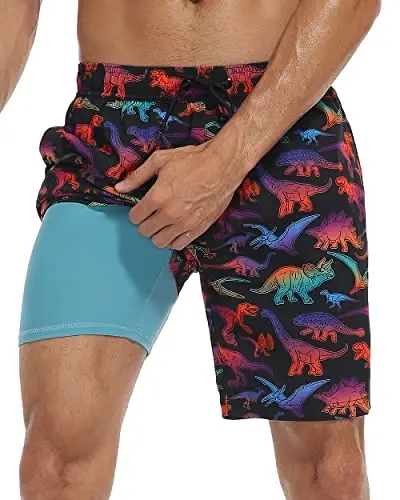 Nonwe Mens Swim Trunks with Compression Liner Quick Dry Hawaiian Bathing Suits 2 in 1 Board Shorts with Pockets - 1