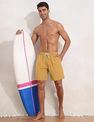 Nonwe Mens Swim Trunks with Compression Liner Quick Dry Hawaiian Bathing Suits 2 in 1 Board Shorts with Pockets - 4