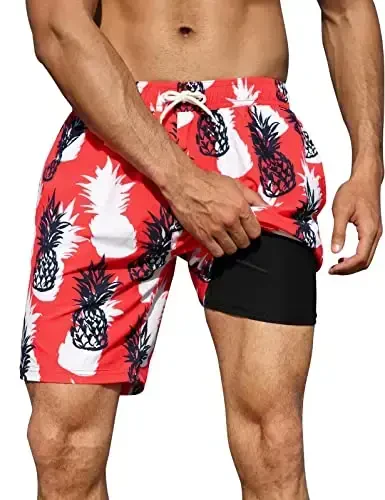 Nonwe Mens Swim Trunks with Compression Liner Quick Dry Hawaiian Bathing Suits 2 in 1 Board Shorts with Pockets - 1