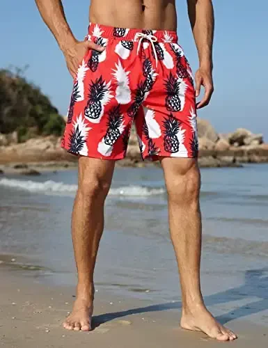 Nonwe Mens Swim Trunks with Compression Liner Quick Dry Hawaiian Bathing Suits 2 in 1 Board Shorts with Pockets - 4