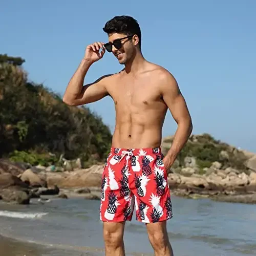 Nonwe Mens Swim Trunks with Compression Liner Quick Dry Hawaiian Bathing Suits 2 in 1 Board Shorts with Pockets - 5