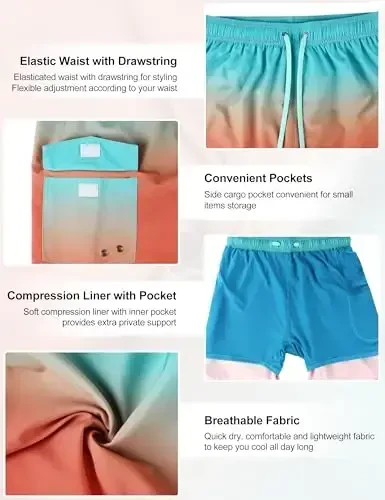 Nonwe Men's Swim Trunks with Compression Liner Quick Dry Water Sport Surf Beach Shorts with Pocket - 6