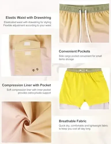 Nonwe Men's Swim Trunks with Compression Liner Quick Dry Water Sport Surf Beach Shorts with Pocket - 6