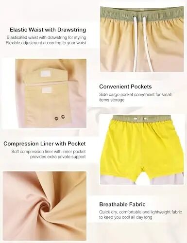 Nonwe Men's Swim Trunks with Compression Liner Quick Dry Water Sport Surf Beach Shorts with Pocket - 6