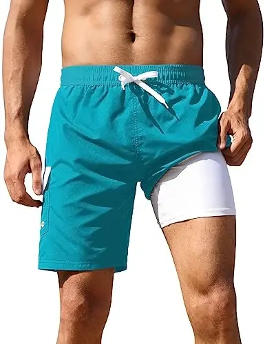 Nonwe Men's Swim Trunks with Compression Liner Quick Dry Water Sport Surf Beach Shorts with Pocket - 1