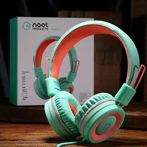 noot products Kids Headphones K11 Foldable Stereo Tangle-Free 5ft Long Cord 3.5mm Jack Plug in Wired On-Ear Headset for iPad/Amazon Kindle,Fire/Boys/Girls/School/Tablet/Laptop(Mint/Coral) - 2