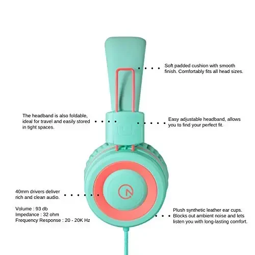 noot products Kids Headphones K11 Foldable Stereo Tangle-Free 5ft Long Cord 3.5mm Jack Plug in Wired On-Ear Headset for iPad/Amazon Kindle,Fire/Boys/Girls/School/Tablet/Laptop(Mint/Coral) - 3