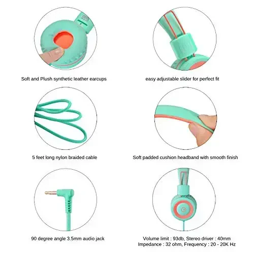 noot products Kids Headphones K11 Foldable Stereo Tangle-Free 5ft Long Cord 3.5mm Jack Plug in Wired On-Ear Headset for iPad/Amazon Kindle,Fire/Boys/Girls/School/Tablet/Laptop(Mint/Coral) - 4