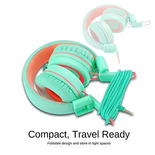 noot products Kids Headphones K11 Foldable Stereo Tangle-Free 5ft Long Cord 3.5mm Jack Plug in Wired On-Ear Headset for iPad/Amazon Kindle,Fire/Boys/Girls/School/Tablet/Laptop(Mint/Coral) - 5