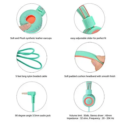 noot products Kids Headphones K11 Foldable Stereo Tangle-Free 5ft Long Cord 3.5mm Jack Plug in Wired On-Ear Headset for iPad/Amazon Kindle,Fire/Boys/Girls/School/Tablet/Laptop(Mint/Coral) - 4