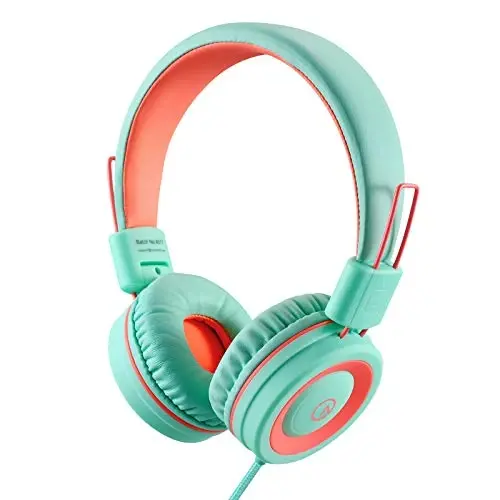 noot products Kids Headphones K11 Foldable Stereo Tangle-Free 5ft Long Cord 3.5mm Jack Plug in Wired On-Ear Headset for iPad/Amazon Kindle,Fire/Boys/Girls/School/Tablet/Laptop(Mint/Coral) 