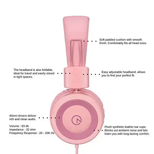 noot products Kids Headphones K11 Foldable Stereo Tangle-Free 5ft Long Cord 3.5mm Jack Plug in Wired On-Ear Headset for iPad/Girls/Boys/School/Laptop/Travel/Plane/Tablet-Soft Pink - 3