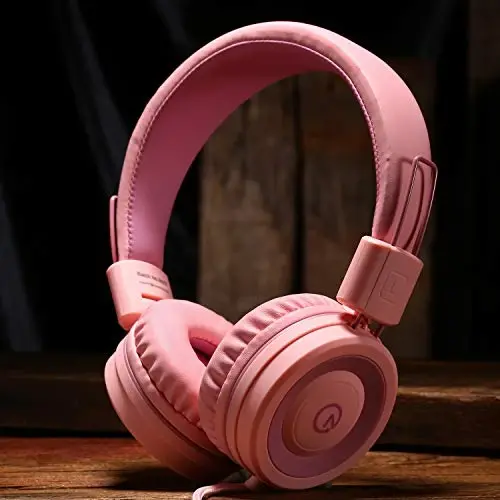 noot products Kids Headphones K11 Foldable Stereo Tangle-Free 5ft Long Cord 3.5mm Jack Plug in Wired On-Ear Headset for iPad/Girls/Boys/School/Laptop/Travel/Plane/Tablet-Soft Pink 