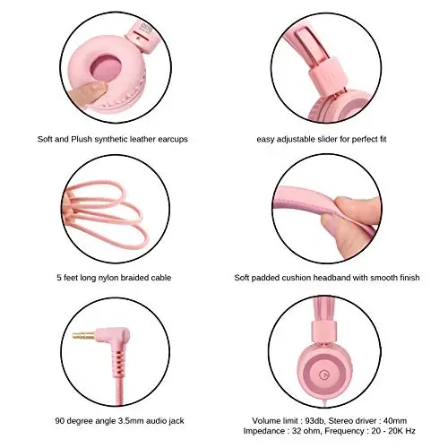 noot products Kids Headphones K11 Foldable Stereo Tangle-Free 5ft Long Cord 3.5mm Jack Plug in Wired On-Ear Headset for iPad/Girls/Boys/School/Laptop/Travel/Plane/Tablet-Soft Pink - 4