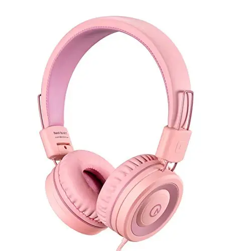 noot products Kids Headphones K11 Foldable Stereo Tangle-Free 5ft Long Cord 3.5mm Jack Plug in Wired On-Ear Headset for iPad/Girls/Boys/School/Laptop/Travel/Plane/Tablet-Soft Pink - 1
