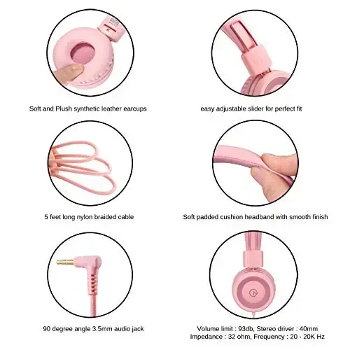 noot products Kids Headphones K11 Foldable Stereo Tangle-Free 5ft Long Cord 3.5mm Jack Plug in Wired On-Ear Headset for iPad/Girls/Boys/School/Laptop/Travel/Plane/Tablet-Soft Pink - 4