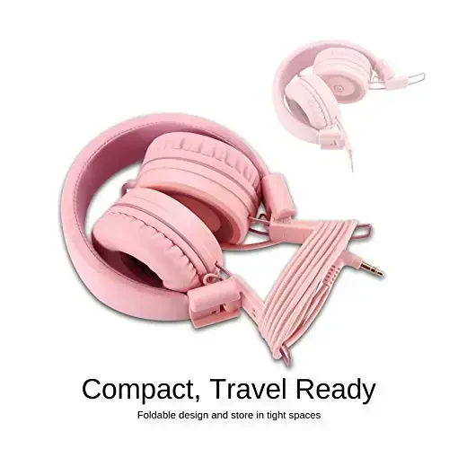 noot products Kids Headphones K11 Foldable Stereo Tangle-Free 5ft Long Cord 3.5mm Jack Plug in Wired On-Ear Headset for iPad/Girls/Boys/School/Laptop/Travel/Plane/Tablet-Soft Pink - 5